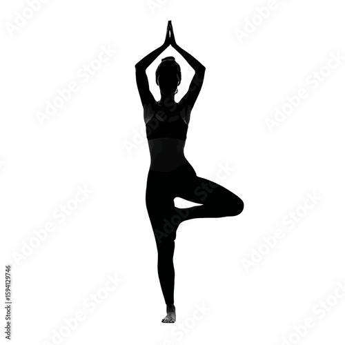 Black Silhouette of Woman in Tree Pose Vrikshasana on White Background

