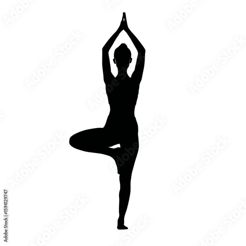Black Silhouette of Woman in Tree Pose Vrikshasana on White Background

