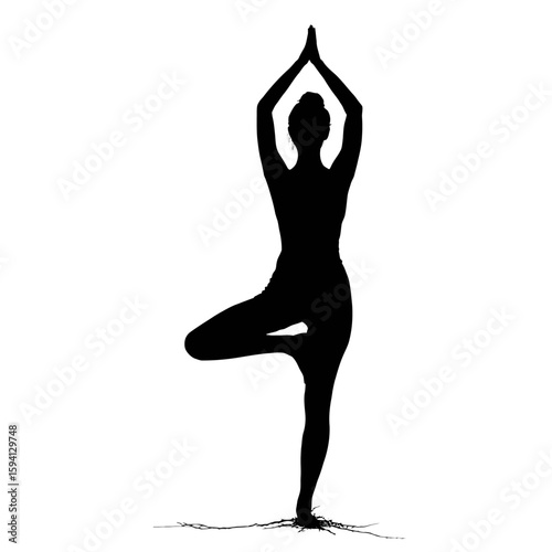 Black Silhouette of Woman in Tree Pose Vrikshasana on White Background

