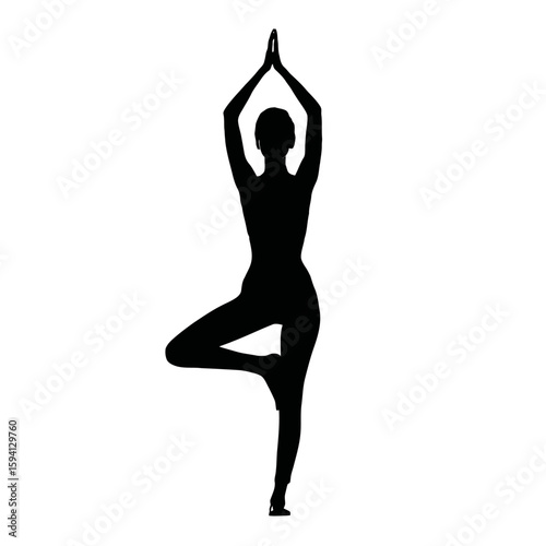 Black Silhouette of Woman in Tree Pose Vrikshasana on White Background

