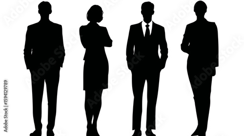 Business Team of Four Standing Side by Side Black Silhouettes on White Background

