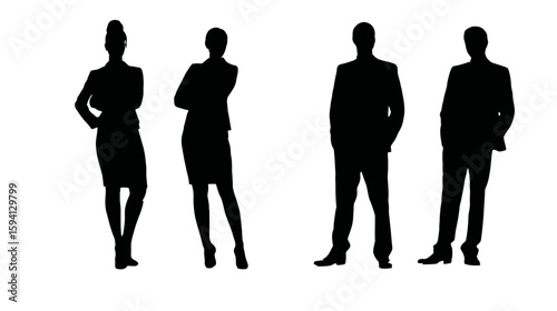 Business Team of Four Standing Side by Side Black Silhouettes on White Background

