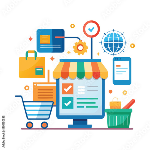 Online Shopping Illustration E-commerce, Shopping Cart, Laptop, Mobile Payment
