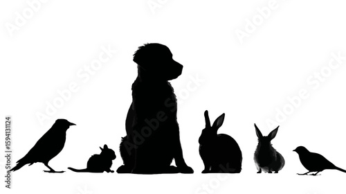 Group of Animal Silhouettes Including Dog Cat Rabbit and Others on White Background


