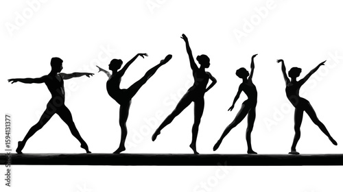 Group of Gymnast Silhouettes in Various Balance Poses on White Background

