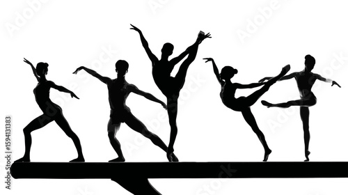 Group of Gymnast Silhouettes in Various Balance Poses on White Background

