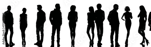 Group of Standing Business People in Different Professions Black Silhouette on White Background

