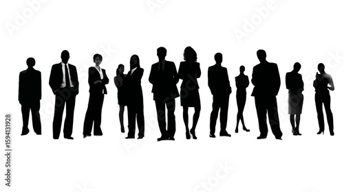 Group of Standing Business People in Different Professions Black Silhouette on White Background

