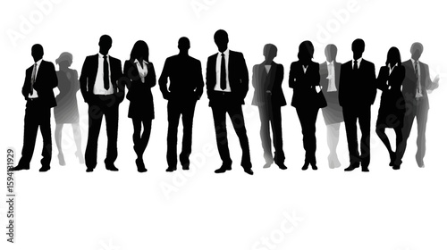 Group of Standing Business People in Different Professions Black Silhouette on White Background

