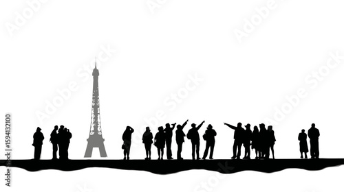 Group of Tourists Pointing at a Landmark Black Silhouette on White Background

