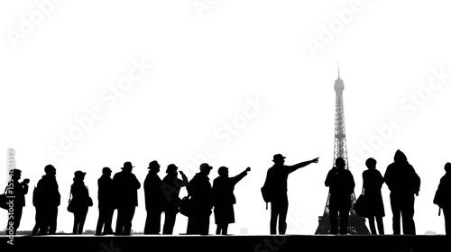 Group of Tourists Pointing at a Landmark Black Silhouette on White Background

