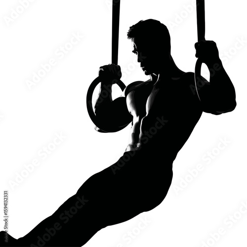 Male Gymnast Holding Iron Cross Position on Rings Silhouette on White Background

