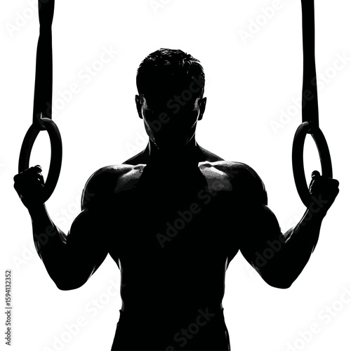Male Gymnast Holding Iron Cross Position on Rings Silhouette on White Background

