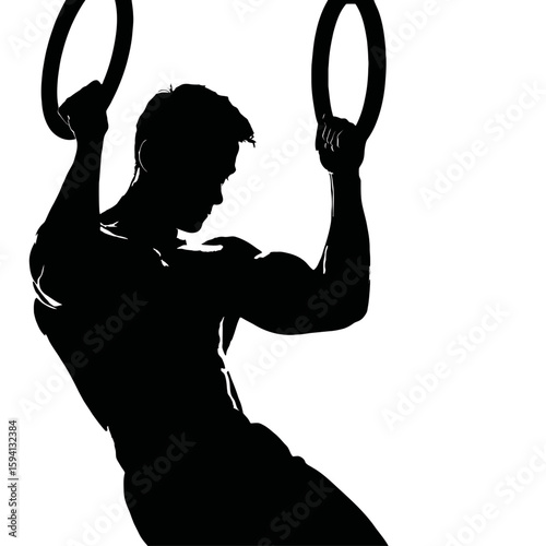 Male Gymnast Holding Iron Cross Position on Rings Silhouette on White Background


