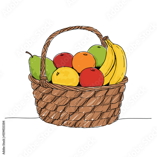 Colorful fruit basket with bananas, oranges, apples, and pears  