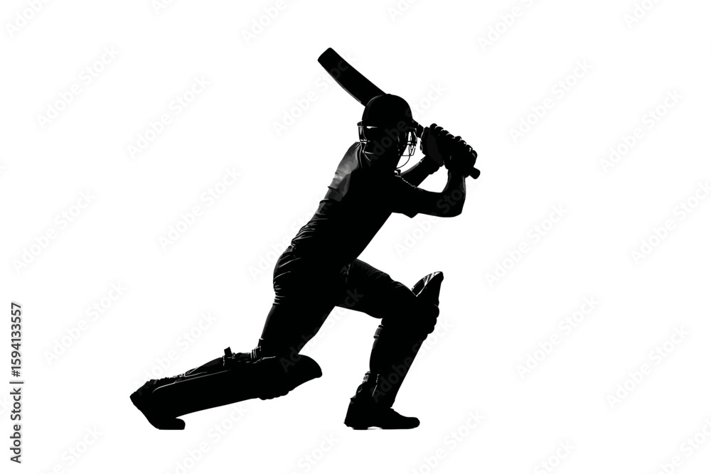 Silhouette of a Cricket Batsman in Action Pose Isolated on White Background
Silhouette of a Cricket Batsman in Action Pose Isolated on White Background