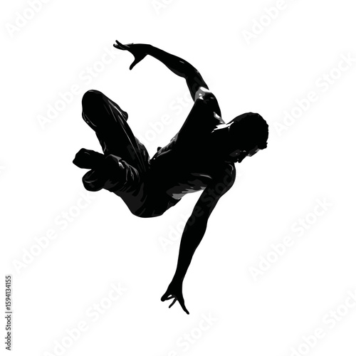 Silhouette of a Gymnast Flipping Backwards Mid-Air – Dynamic Pose on White Background

