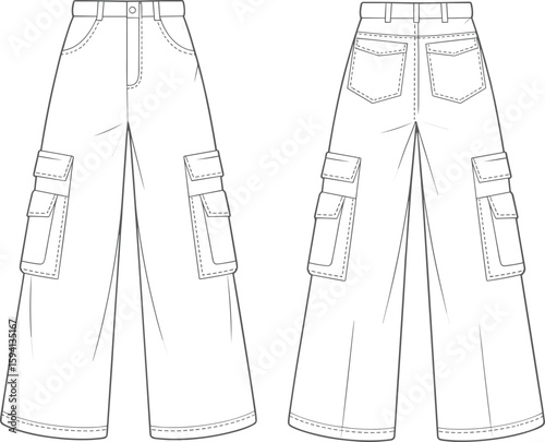 Cargo pants technical fashion sketch, front and back view, garment construction lines, cad drawing flat vector illustration, streetwear design template