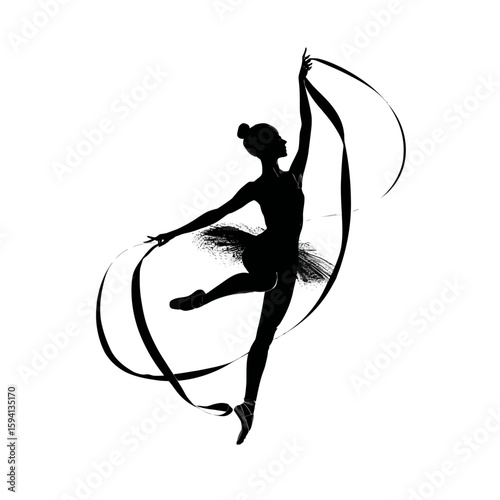 Silhouette of a Rhythmic Gymnast Twirling a Ribbon – Graceful Pose on White Background

