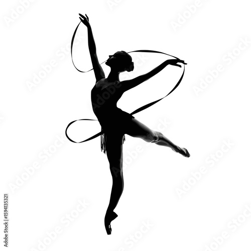 Silhouette of a Rhythmic Gymnast Twirling a Ribbon – Graceful Pose on White Background

