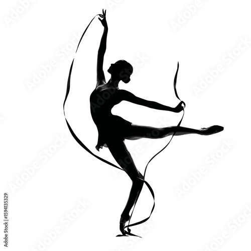 Silhouette of a Rhythmic Gymnast Twirling a Ribbon – Graceful Pose on White Background

