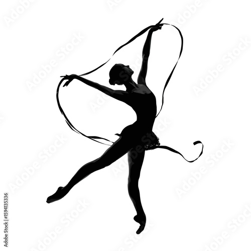 Silhouette of a Rhythmic Gymnast Twirling a Ribbon – Graceful Pose on White Background

