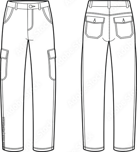 Cargo pants fashion sketch, front and back view with panel details and pocket placements, cad drawing flat vector illustration, garment template