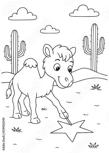 Coloring book camel drawing a star in the desert sand.