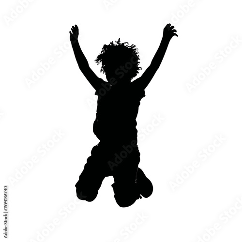 Silhouette of Child Jumping with Joy, Arms Raised – Isolated on White Background

