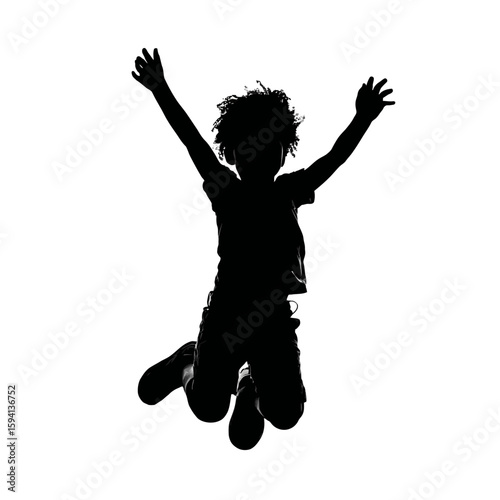 Silhouette of Child Jumping with Joy, Arms Raised – Isolated on White Background

