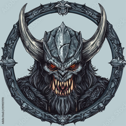Furious Horned Skull Demon Head Illustration with Spiked Collar and Dark Mystical Aura