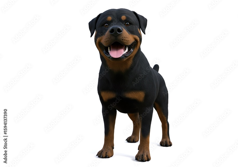 Fototapeta premium happy cute baby rottweiler dog pet, cartoon 3d render, white background