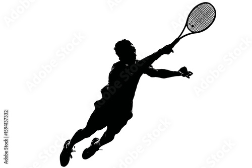 Tennis Player in Mid-Swing with Racket – Black Silhouette on White Background

