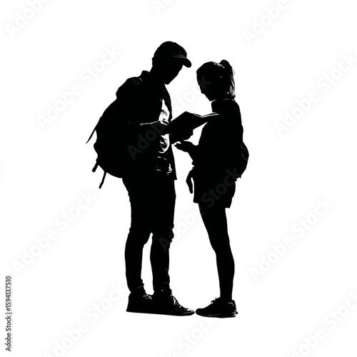 Tourist Couple Looking at Guidebook or Phone Map – Black Casual Outfits with Backpack on White Background

