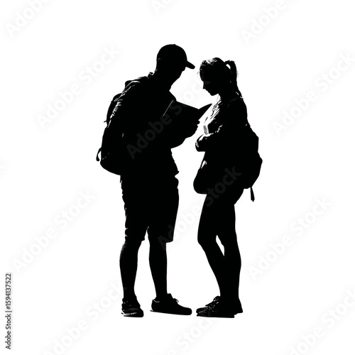 Tourist Couple Looking at Guidebook or Phone Map – Black Casual Outfits with Backpack on White Background

