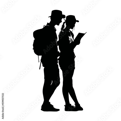 Tourist Couple Looking at Guidebook or Phone Map – Black Casual Outfits with Backpack on White Background

