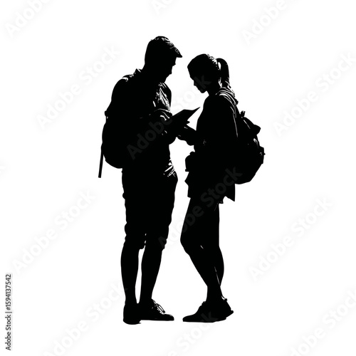 Tourist Couple Looking at Guidebook or Phone Map – Black Casual Outfits with Backpack on White Background

