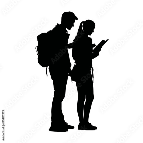 Tourist Couple Looking at Guidebook or Phone Map – Black Casual Outfits with Backpack on White Background

