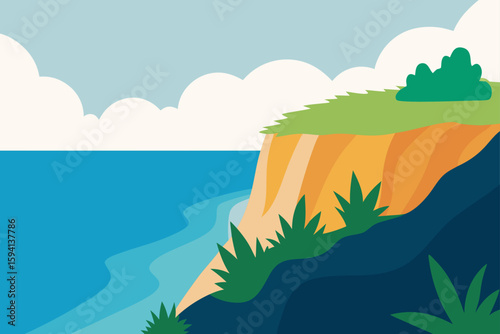 Coastal Cliff Vegetation With Airy Ocean Background View