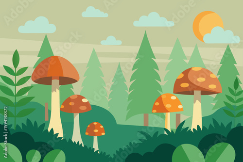 Forest Glade With Mushrooms Ferns And Morning Haze Scene