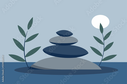 Minimalist Stones Stacked By Water Under Leafy Branch