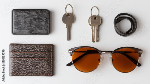 Flat lay of everyday household items including keys, wallet, and sunglasses neatly arranged on a white surface