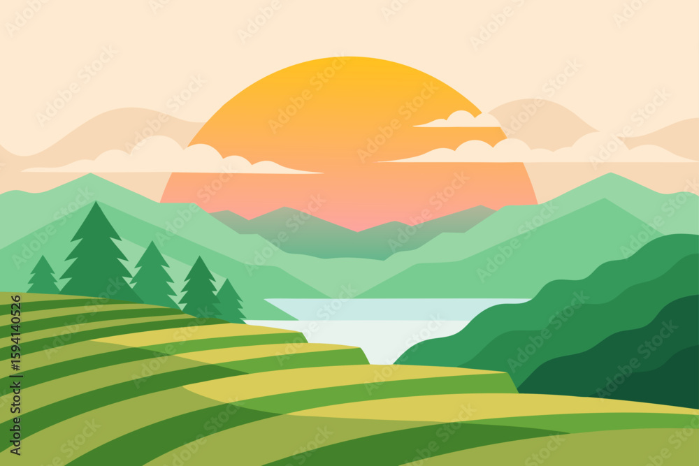 Obraz premium Tranquil Rice Terrace Layers With Mist And Soft Sunlight Scene