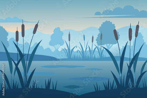 Tranquil Marshland With Reeds Mist And Early Morning Light