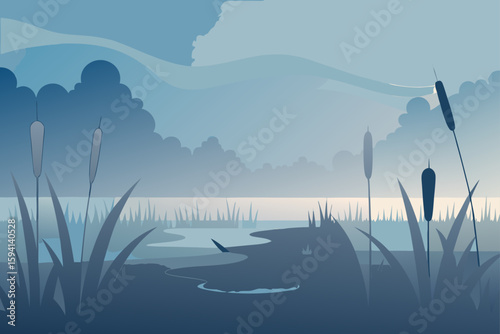 Tranquil Marshland With Reeds Mist And Early Morning Light Design