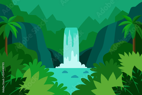 Waterfall Hidden In Dense Jungle With Lush Greenery Illustration