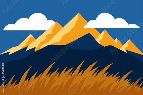 Wild Mountain Ridge With Golden Grasses And Cloud Sky Scene