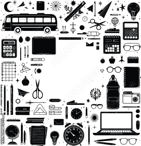 A collection of school and office supplies arranged in a square frame in black and white illustration