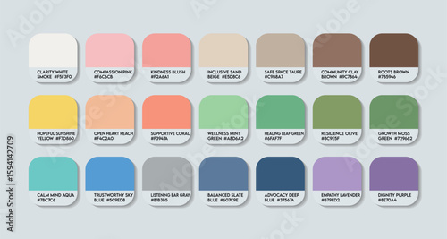 Compassion-Inspired Color Swatch Chart for Social Workers. Pastel to Earth Tone Palette Featuring HEX Codes & Emotional Themes. Shades of Care Designed for Social Worker Identity and Graphic Projects