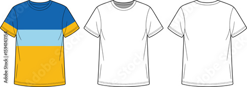 T-shirt front and back fashion sketch, colorful stripe style and plain version, cad drawing flat vector illustration, apparel design template